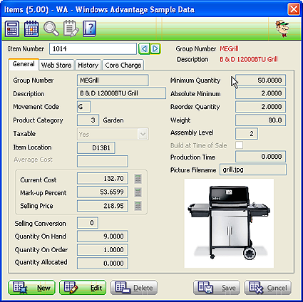 Item Master Main Tab
