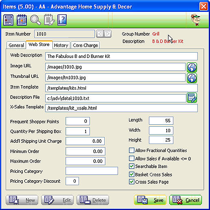 Item Master Web Commerce Tab