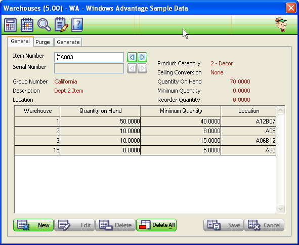 Warehouse Master Main Screen