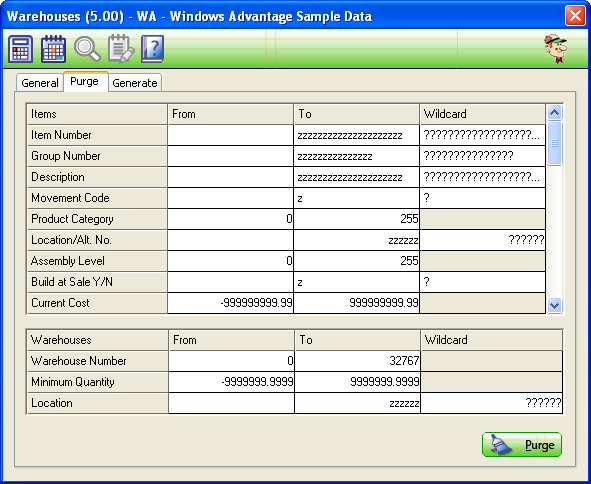 Warehouse Master Purge Screen