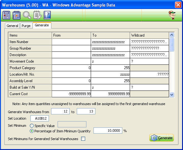 Warehouse Master Generate Screen
