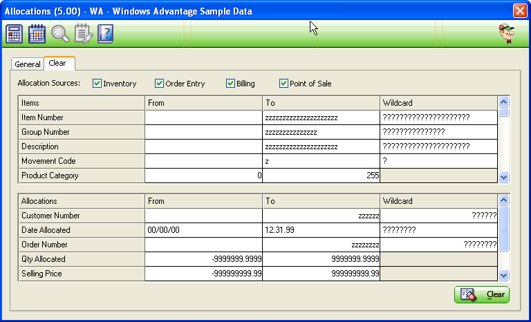 Allocations Clearing Tab