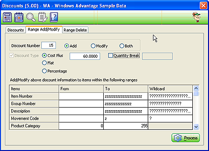 Item Discounts Range Add/Modify Tab