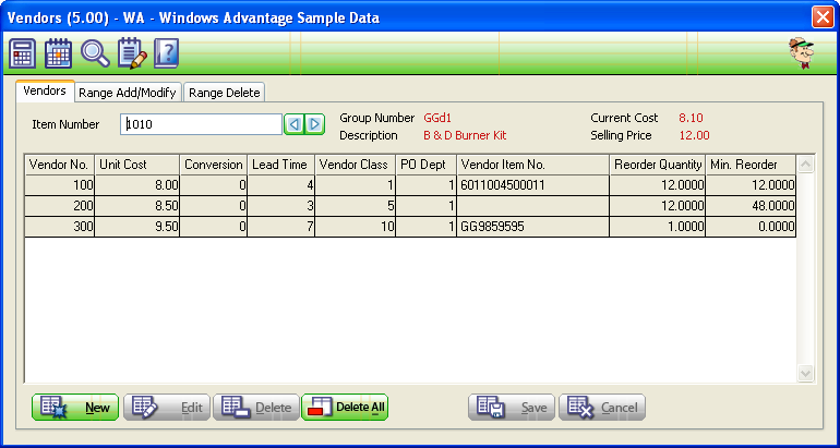 Vendor Master Main Screen