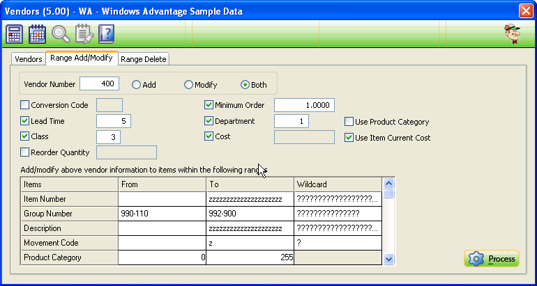 Range Add/Modify Tab of Vendor Master