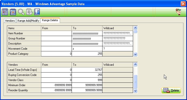 Range Delete tab of Vendor Master