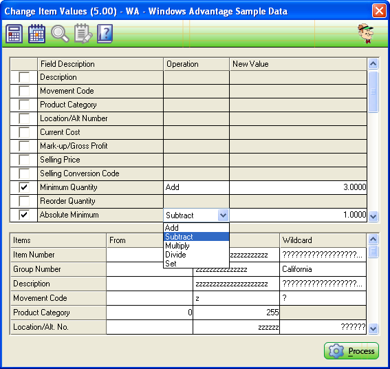 Change Item Values Screen
