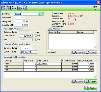 Quantity Sold screen with Parent Item