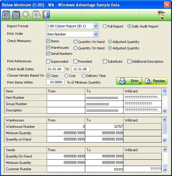 Below Minimum Report Screen