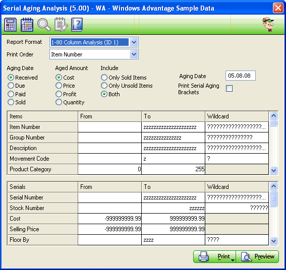 Serial Aging Analysis Report Screen