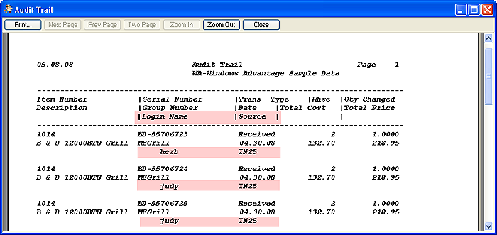 Audit Report Shwoing Logins