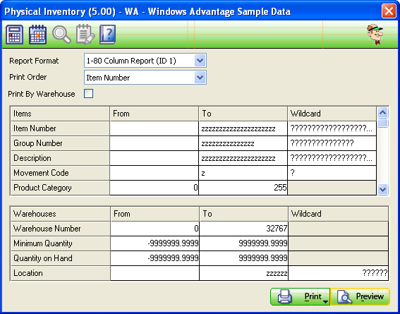 Physical Inventory Report Screen