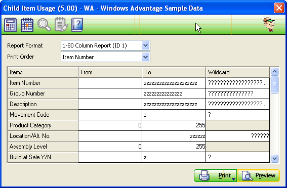 Child Item Usage Report Screen