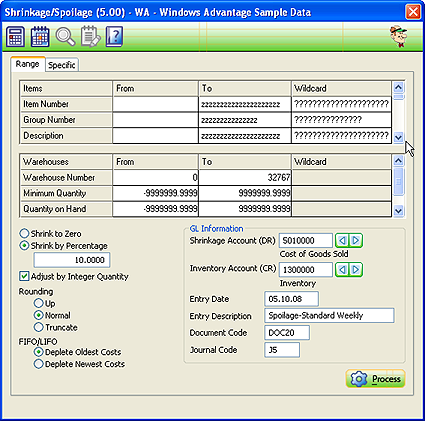 Shrinkage/Spoilage - Range Option