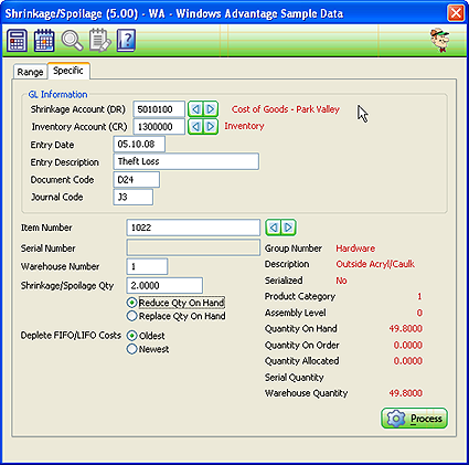 Shrinkage/Spoilage - Specific Option