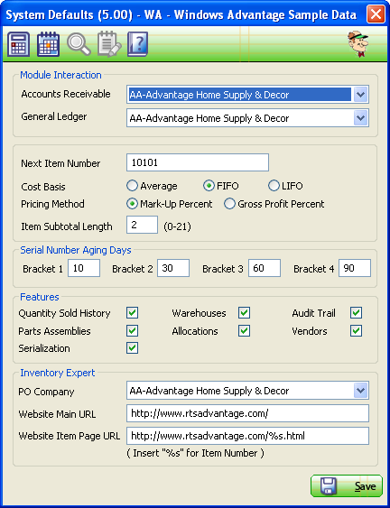 System Defaults screen
