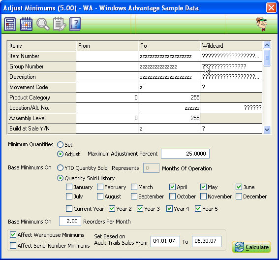 Adjust Minimums Screen