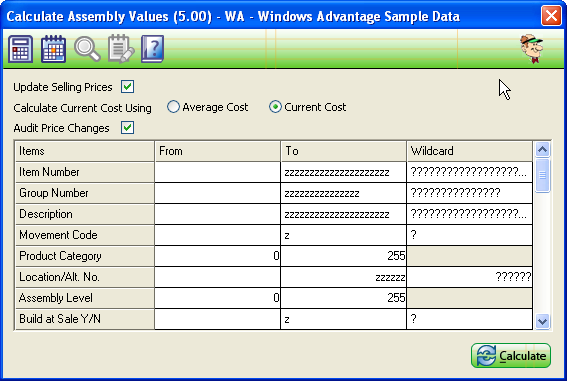Calculate Assembly Values Screen