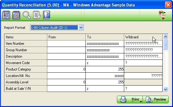 Quantity Reconciliation Report Screen