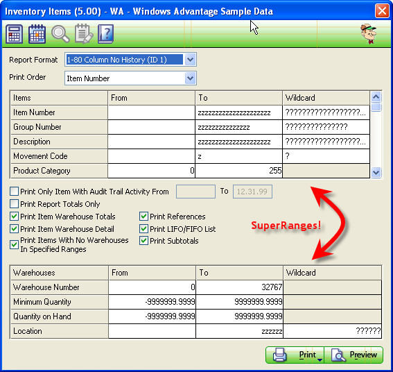 Item Master Report Screen Highlighting SuperRanges