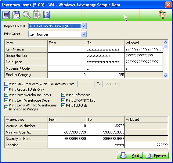 Item Master Report screen