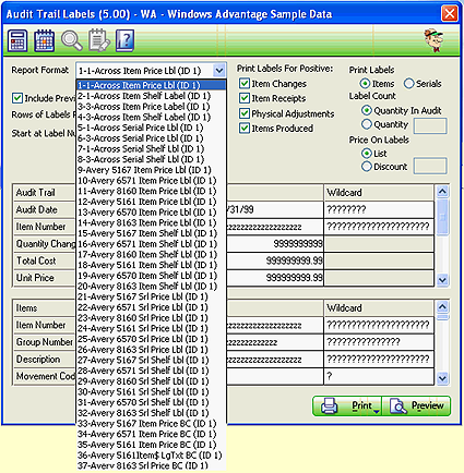 Audit Label Program showing Report Formats