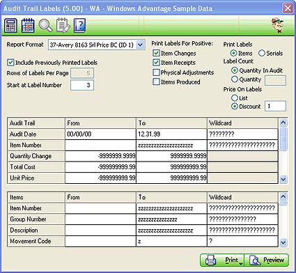 Audit Trail Labels Screen