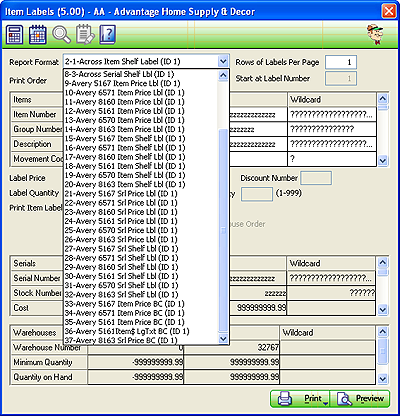 Item Labels progra, report list shown