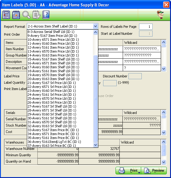 Audit Trail Labels showing Label Formats