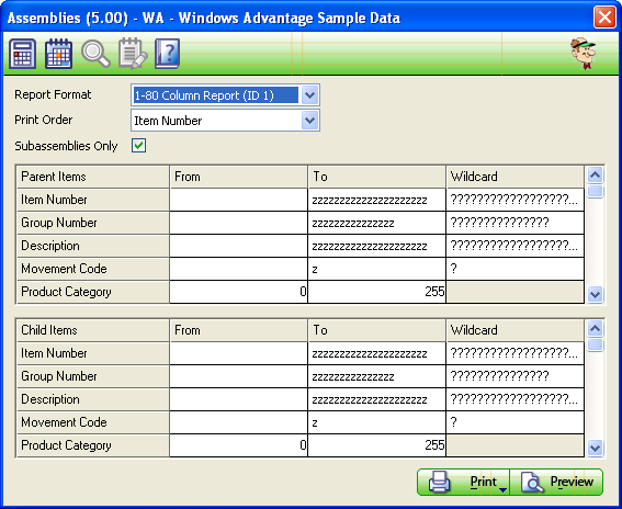 Assembly Master Report Screen